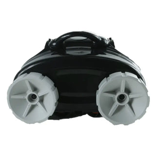 Svart robotpoolrengöring med kraftiga borstar och grå hjul för mindre pooler