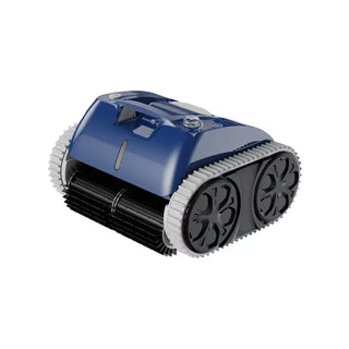 Blå sladdlös poolrobot med tank treads och scrubb brushes för effektiv rengöring