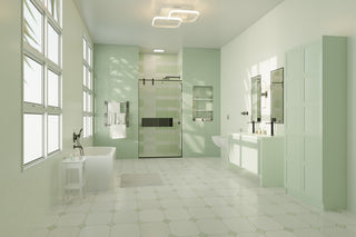 A large bathroom with a white tiled floor and walls