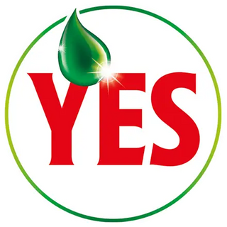 Logotyp för en rengöringsprodukt med en glänsande grön droppe och röd text ’YES’ i en grön och vit cirkel.