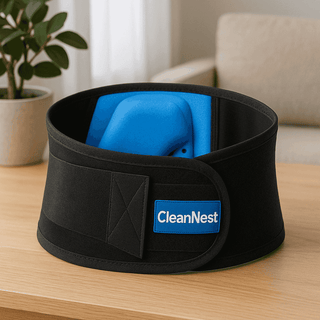 CleanNest – Städbälte ryggstöd placerat på ett bord i hemmiljö. Ergonomiskt stöd för ryggen vid dammsugning och moppning.