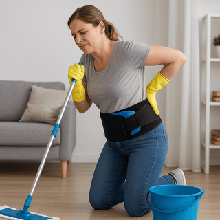 Kvinna med smärta i ryggen använder CleanNest – Städbälte ryggstöd vid moppning. Avlastar ryggen under städning i hemmet.