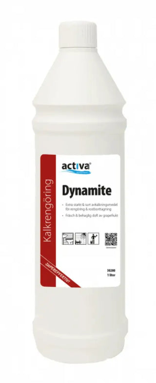 Vit plastflaska av Activa Dynamite 1L Kalkbort för syratåliga ytor och rostfritt stål