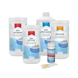 PLANET SPA Set - Klor 1 kgr, pH + 1 kg, pH - 1.5 kg, FilterCleaner 1 l, teststickor