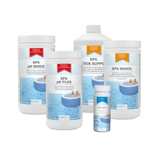 PLANET SPA Set Shock - Spa Shock 1kg, pH + 1kg, pH - 1.5 kg, Shock Support 1 l, teststickor