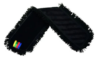 Svarta moppdynor av mikrofiber med färgkodade etiketter.
