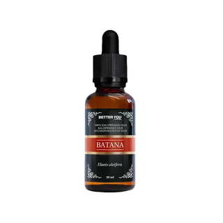 Better You Batanaolja Kallpressad 30ml i brun glasflaska med pipett, ekologisk kroppsolja för hår och hud rik på vitamin E och fettsyror.