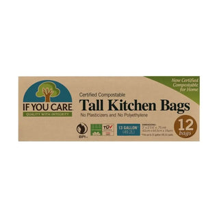 En låda med 13-gallons, 12-pack, certifierat komposterbara tall kitchen bags.
