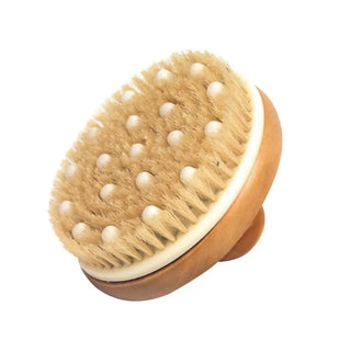 Rund torr kroppsborste i trä med naturborst och massageknoppar.