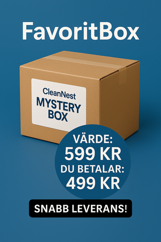 CleanNest FavoritBox – billig städproduktbox med värde ca 599 kr, säljs för 499 kr. Kartong med etikett och snabb leverans erbjuds.