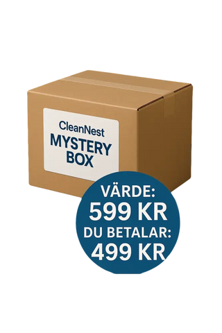 CleanNest FavoritBox – billig städproduktbox med värde ca 599 kr, säljs för 499 kr. Kartong med etikett och snabb leverans erbjuds.