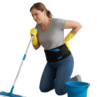Kvinna med smärta i ryggen använder CleanNest – Städbälte ryggstöd vid moppning. Avlastar ryggen under städning i hemmet.