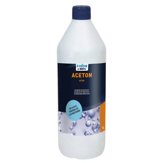 En vit plastflaska med aceton av märket Fixor eller Niter med blått lock.