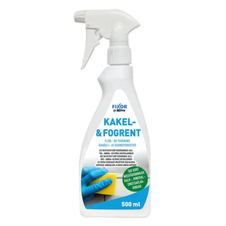 En sprayflaska med kakel- och fogrengöring för borttagning av smuts, kalk och mineralavlagringar.