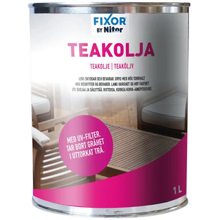 En burk teakolja med UV-filter.
