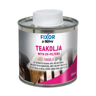 Metallburk med teakolja med UV-filter.