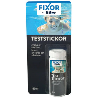 Teststickor för poolvatten för analys av klor, brom, pH och alkalinitet.