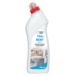 Vit plastflaska med toalettrengöringsmedel med rött lock.