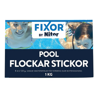 Låda med flockningspinnar för pool för filtrering och bottensugning.