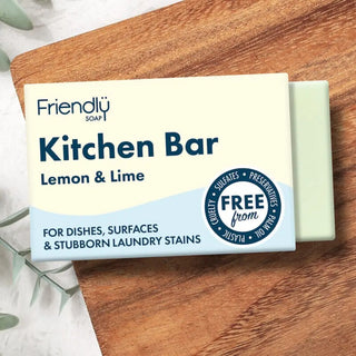 Lemon & Lime Kitchen Bar tvål för disk, ytor och envisa tvättfläckar, fri från sulfater, konserveringsmedel, palmolja och plast.