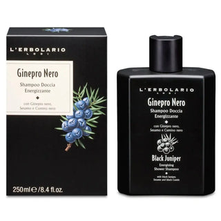 Black Juniper energizing shower shampoo i box och flaska.