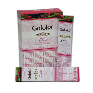 Rökelsepinnar av märket Goloka Lotus i rosa och vit förpackning.