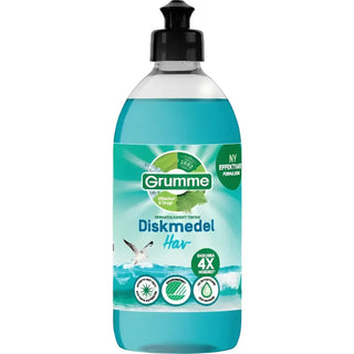 En flaska ljusblå diskmedel med en svart pumpdispenser.