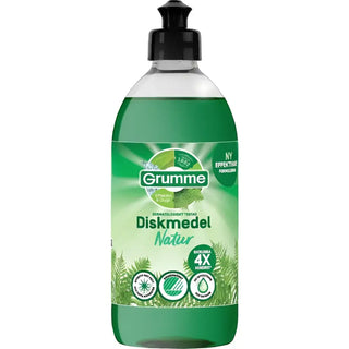 Grön flytande diskmedel i en genomskinlig plastflaska med en svart pumpdispenser.