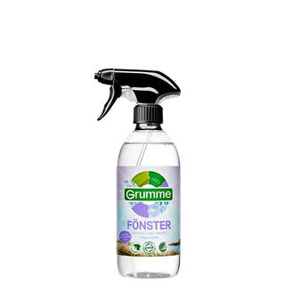 Genomskinlig sprayflaska med fönsterputs med svart munstycke.
