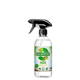 Klar sprayflaska med köksrengöring med en svart spruta.