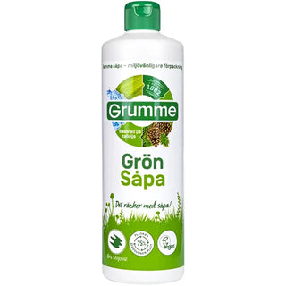 En vit flaska med grön tvål med grönt lock.