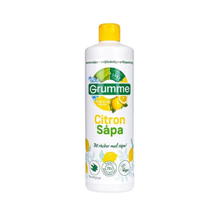 Vit flaska med citrondoftande rengöringstvål med gult lock.
