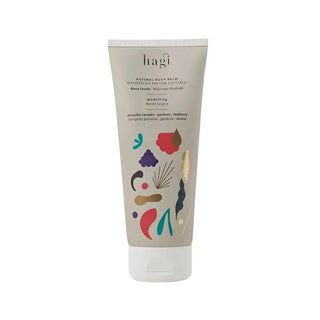 Hagi Natural Body Balm i en beige tub med färgglada abstrakta mönster.