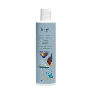 Ljusblå body wash med vitt lock med flip-top.