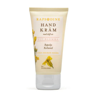En tub med handkräm med en gul blomma som motiv.