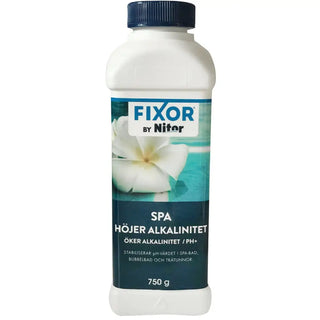 Vit flaska med alkalinitetshöjande medel för spa för pH-stabilisering.