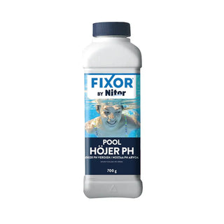 Vit flaska med pH-höjare för pool.