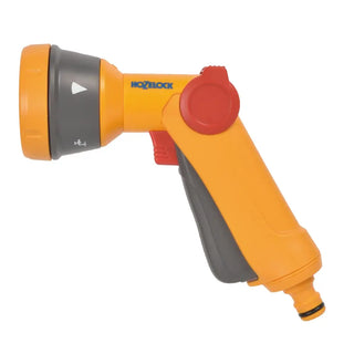 Gul och grå trädgårdsslang med flera mönster - sprutpistol.