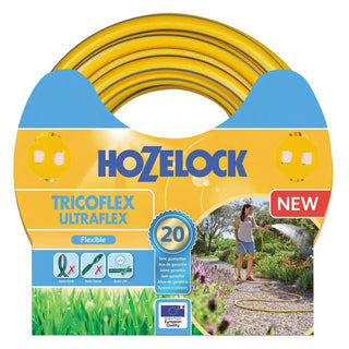 Gul trädgårdsslang med Hozelock-märkning, med ’Tricoflex Ultraflex’-teknik, flexibilitet, knickskydd, vridskydd och UV-skydd samt 20 års garanti.