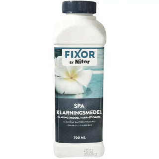 Vit plastflaska med klarningsmedel för spa med mörkblått lock.