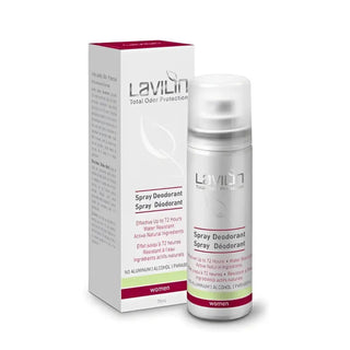 Lavilin spraydeodorant för kvinnor, erbjuder 72 timmars vattenresistent luktskydd med naturliga ingredienser, fri från aluminium, alkohol och parabener.