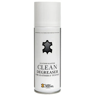 Vit aerosolburk med avfettningsmedel för läder och textilier.