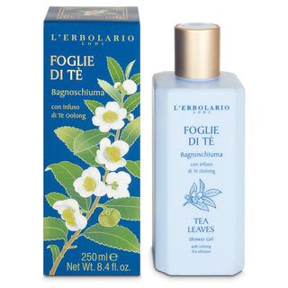 En flaska L’Erbolario Foglie di Tè (Tea Leaves) duschgel med infusion av oolongte, förpackad tillsammans med en matchande låda.