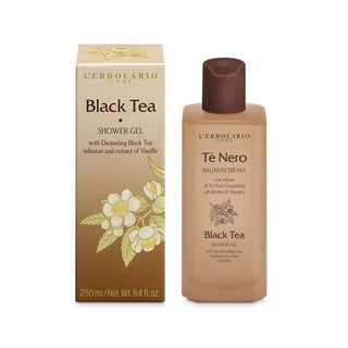 Två flaskor ’Black Tea’ duschgel, en i en låda.
