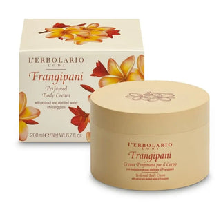 Frangipani parfymerad kroppskräm i box och burk.