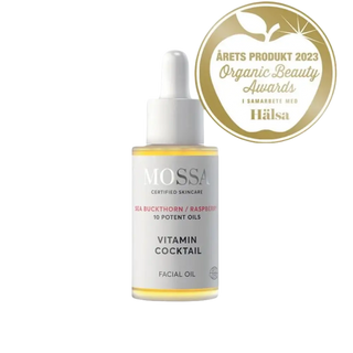 Mossa - Vitamin Cocktail Face Oil 30ml med ekologiska växtoljor, innehåller hallon och havtorn. Utsedd till Årets Produkt 2023 av Organic Beauty Awards.