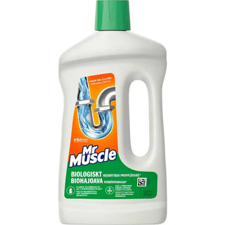 En vit plastflaska med Mr Muscle avloppsrensare med grönt lock och en illustration av ett rör och vatten.