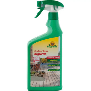 Grön sprayflaska med ’Finalsan Spray AlgRent’ för rengöring av ytor utomhus.