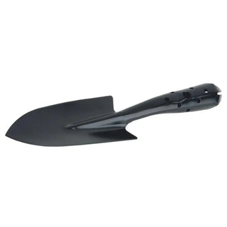 Trädgårdsspade i svart metall med perforerat handtag.