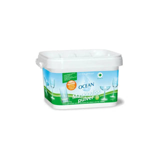 Maskindiskmedel i en vit plastbehållare.